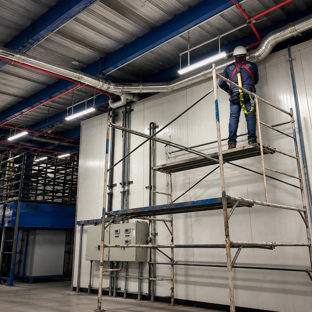 Técnico de IMPACOLSA instalando aislamiento en pared de cámara frigorífica
